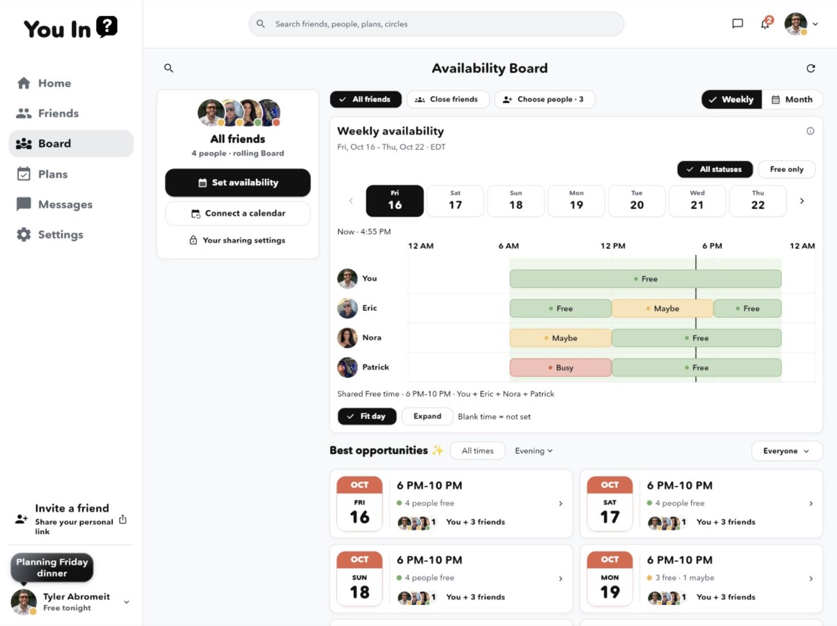 You In? shared availability Board on desktop