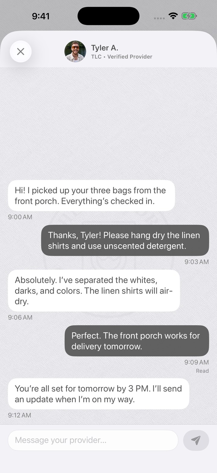 Full native order chat with Tyler’s profile photo and sample pickup, care, and delivery messages