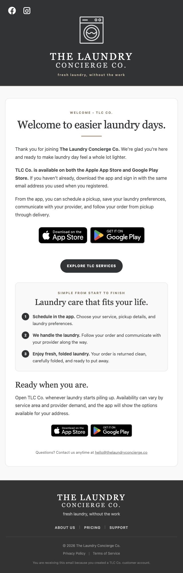 The Laundry Concierge customer welcome template with its official washer mark and branded message